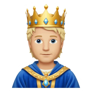 
1 Middle-aged white king, 40 years old, blond hair, blue eyes, kind and benevolent vibe, gentle smile, wearing a crown and blue robe emoji sticker