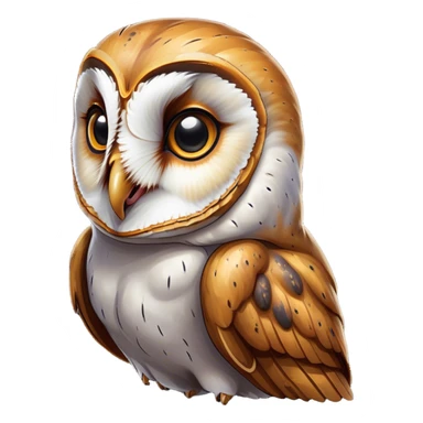 Cinematic Comical Barn Owl Portrait Emoji, Head tilted dramatically with an exaggeratedly amused expression, featuring a striking mottled plumage with bold contrasts, wide, expressive amber eyes filled with playful disbelief, Simplified yet hilariously expressive features, highly detailed, glowing with a slightly sassy glow, high shine, dramatic yet playful, stylized with an air of cheeky nocturnal mischief, bright and endearing, soft glowing outline, capturing the essence of a spirited and over-the-top owl, so meme-worthy it feels like it could hoot its way into internet fame instantly! sticker
