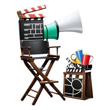 Icon for Directing: a director's chair, a film slate, a megaphone, and a stage set with lights. The icon should represent the creative and leadership aspects of directing, with focus on film and theater production. Transparent background. sticker