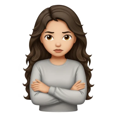 Hispanic light tan girl with long dark wavy hair with arms folded and pouting slightly. Wearing a long sleeve. sticker