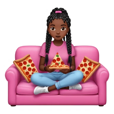 A dark skinned black girl with black box braids eating pizza on a pink couch in comfy outfit sticker