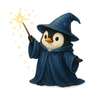 penguin wizard casting a spell, sparkles, wizard robe sticker