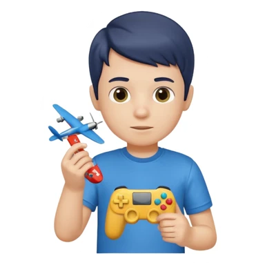 Little boy hold a controller and an airplane toy sticker
