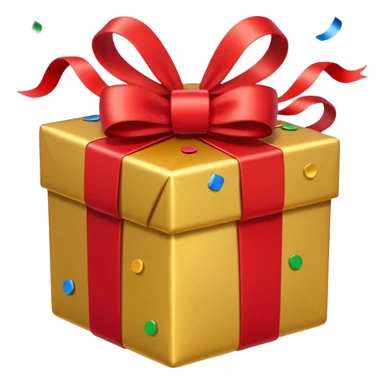 present with gold wrapping and red ribbon with top off and confetti coming out sticker