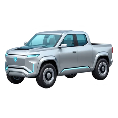 A futuristic electric pickup truck emoji, silver chrome body, angular cyber design, smooth metallic panels, subtle reflections, minimalistic proportions, iOS emoji style, centered composition, clean white background, soft lighting sticker