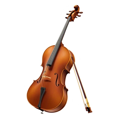 Create an elegant and refined emoji representing the Cremona cello with a Hans Klein HKCB bow. The design should feature the curved wooden body of the cello with a rich, glossy finish, capturing its classical shape and intricate details. The bow should be displayed with fine craftsmanship, highlighting the hair and the smooth, polished wooden stick. Include subtle musical notes floating around the instrument to emphasize its rich, melodic sound. Use deep wood tones like chestnut brown, gold accents for the fittings, and soft lighting effects to give the instrument a timeless, professional feel. The background should be transparent. sticker