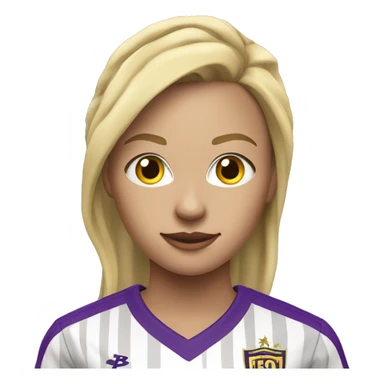 a blonde woman soccer player in white jersey with purple pinstripes and yellow collar sticker
