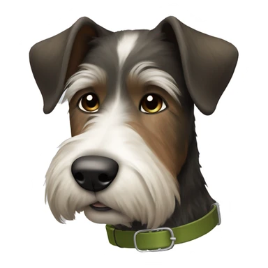 Black, brown and white wire-haired dog with an olive green collar sticker