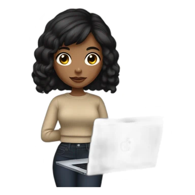 memoji of a female with a modern apple laptop in front, black hair, beige skin, black sweater, computer in hand --ar1:1 sticker