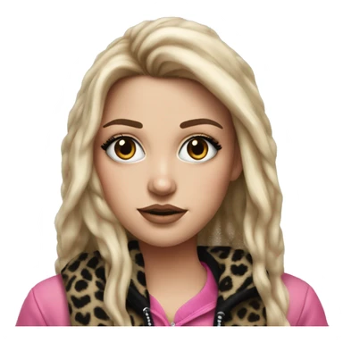 Hyperrealistic white girl with long black hair with a pink fringe and has eye makeup on, she is wearing a black and leopard print hoodie  sticker