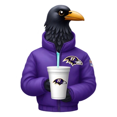 baltimore ravens logo raven in puffer jacket holding white styrofoam cup the cup is dripping purple juice the ravens wearing skinny jeans sticker