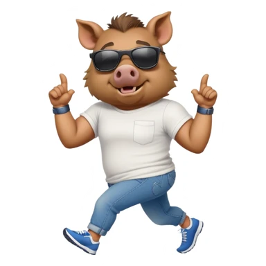 friendly anthropomorphised boar in jeans and a t-shirt, wearing dark sunglasses, jogging upright, relaxed pose sticker