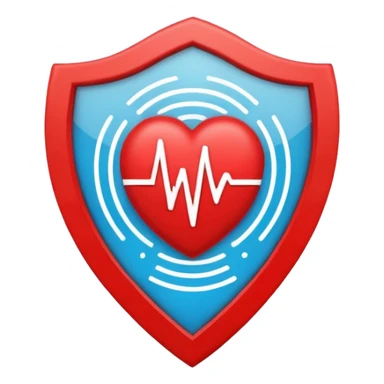 Health monitoring icon, heart inside shield, signal waves, emoji style, modern clinic branding sticker