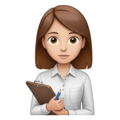 Intern or volunteer with brown hair holding a clipboard and pencil, ready to take notes or assist. The character wears a simple shirt and has an eager posture sticker