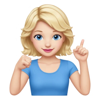 Girl Blonde short wavy hair,  blue eyes, cute blue top, long lashes, pink lips, smiling, fist bump sticker