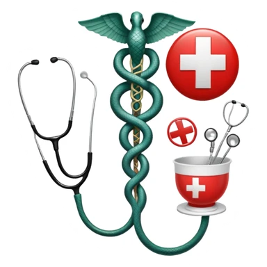 An icon featuring a caduceus (a bowl with a snake), a red cross, and a stethoscope, symbolizing medicine. The design includes medical tools and symbols, representing healthcare, diagnosis, and healing practices. Transparent background highlights the profession and study of medicine. sticker