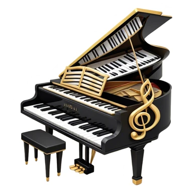 Create a sophisticated and celebratory emoji collage representing keyboard instruments, designed in the style of a coat of arms or crest. The design should feature a central, surrounded by a ribbon of musical notes. The ribbon should intertwine with a second ribbon made of black-and-white piano keys, creating a flowing, symmetrical pattern. Include delicate, elegant details such as the pedals of the grand piano, intricate woodwork, and the glossy, polished surface of the instrument. The musical notes should be swirling around the design in a harmonious, festive arrangement. Use gold, silver, and rich wood tones to evoke a sense of luxury and professionalism, with the black-and-white keys of the piano adding contrast. The background should remain transparent sticker