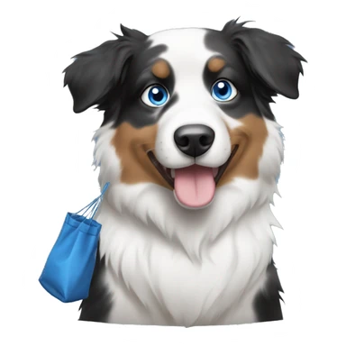 black and white australian shepherd with blue eyes holding a bag of poop sticker