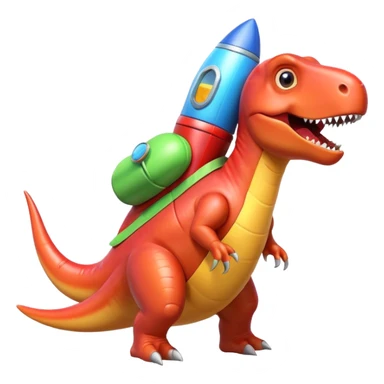 cute toy-like rocket-propelled dinosaur, rounded shapes, glossy texture, colorful rocket backpack, happy expression, 3D cartoon, mobile game icon style, clean background, no text, no watermark
 sticker