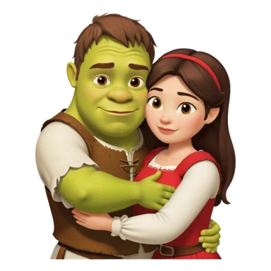 Shrek and Fiona are hugging themselves. They both have long dark brown hair. Fiona has a white shirt and Shrek has red shirt.  sticker