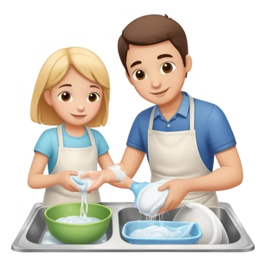child and parent washing dishes together, friendly and caring sticker
