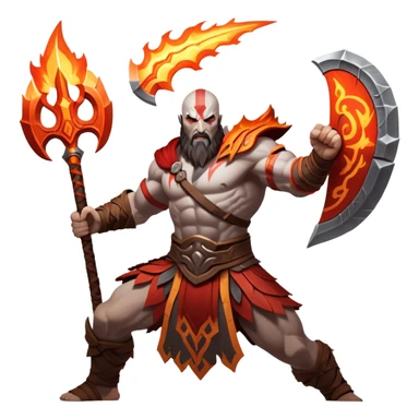 An icon showing a powerful warrior wielding a weapon, ready for battle, inspired by God of War: Ragnarok. The design captures the strength and determination of the character, with dynamic motion lines and a fiery, epic background. Transparent background highlights the action sticker
