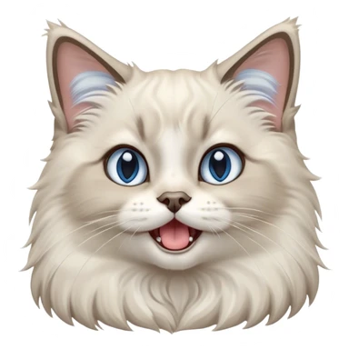 Cinematic Adorable Fluffy Light Grey Mantle Ragdoll Cat Portrait Emoji, Head tilted cutely with big, sparkling blue eyes, soft light grey fur with darker points on the ears, face, and paws, Simplified yet irresistibly adorable features, highly detailed, glowing with a soft, warm glow, high shine, yawning in a peaceful and playful manner, stylized with a touch of whimsy, bright and endearing, soft glowing outline, capturing the essence of a relaxed and loving kitten, so cute it feels like it could leap out of the screen and stretch into a cozy nap! sticker