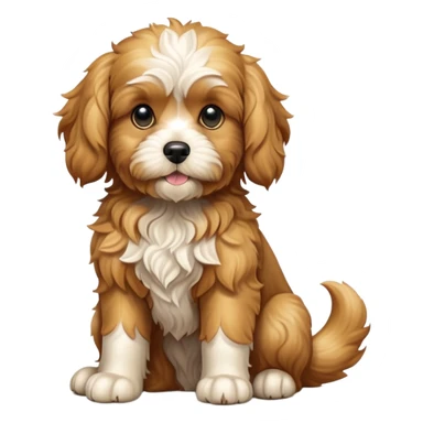 cinematic-[cavoodle dog]-realistic-full-body-sitting-emoji,-tail-resting-loosely-beside-its-paws,-head-tilted-dramatically,-wavy-[solid golden]-fur,-simplified-yet-realistic-focused-features,-highly-detailed,-glowing-with-an-almost-sarcastic-glow sticker