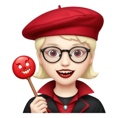 Vampire with lollipop, beret and glasses, teeth looks like vampire sticker