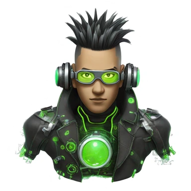 Mohawk hair with neon green highlights Asian male cyborg head with neon silver steampunk goggles and circuits sticker