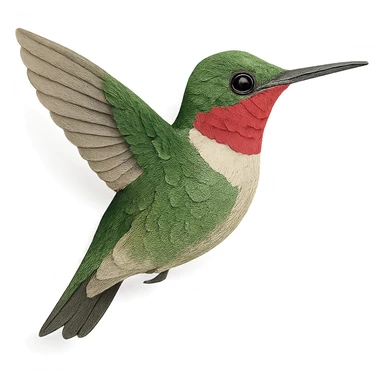 close-up of a ruby-throated hummingbird, fine paper edges, shimmering green feathers, ruby red throat, naturalistic details sticker