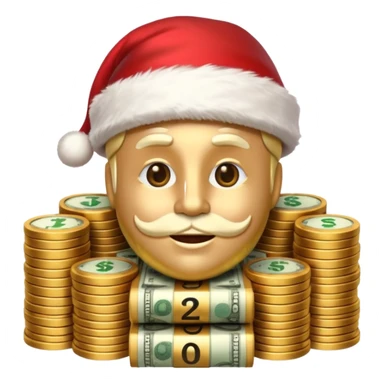 A confident rich emoji face wearing a Santa hat, money stacks, casino vibe, New Year theme, premium 3D emoji style, sharp details, no text, isolated on transparent background sticker