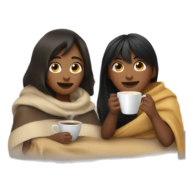 TAN SKIN GIRL WITH BLACK HAIR AND BANGS AND BROWN SKIN BOY WITH BLACK HAIR inside a blanket sipping coffee sticker