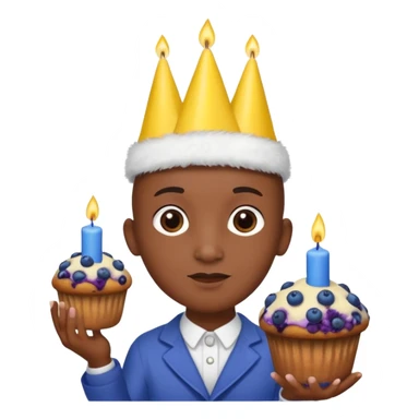 Blueberry Muffin celebrating birthday. Make sure it actually looks like a muffin with candles. Somebody holding it with party hat and bald sticker