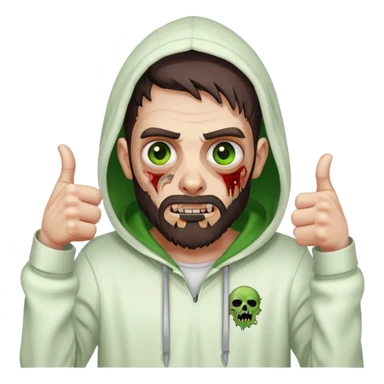 zombie with thumbs up gesture, undercut hairstyle with dark brown hair, short full beard, heterochromia with one green eye and one brown eye, wearing plain white hoodie with hood up sticker