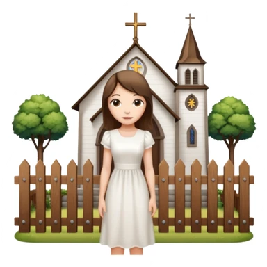 woman next to a church, surrounded by a fence sticker