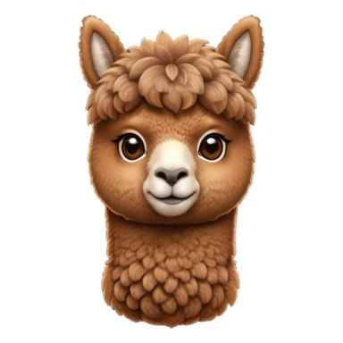 Cinematic Cute Brown Alpaca Portrait Emoji, Head tilted playfully and inquisitively, featuring a plush, rich brown fleece with a natural sheen, round, sparkling warm eyes filled with curiosity, Simplified yet irresistibly adorable features, highly detailed, glowing with a warm, friendly glow, high shine, affectionate and gentle, stylized with a touch of whimsy, bright and endearing, soft glowing outline, capturing the essence of a mischievous yet loving alpaca, so playful it feels like it could prance out of the screen and into your arms! sticker