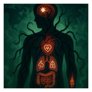 semi-realistic, medical-fantasy style human silhouette, parasite tendrils reach organs, each organ with a medical symbol (brain: pain, heart: arrhythmia, lungs: asthma, gut: colitis, joints: arthritis), world map, glowing cracks, green mist sticker
