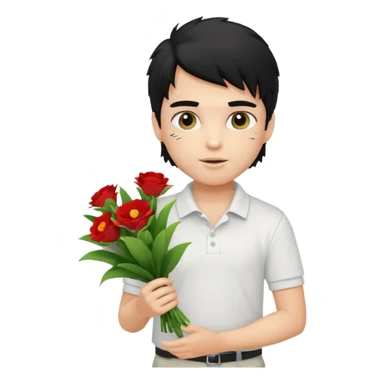 generate a pretty fair bratz boy with a messy mullet (black hair), wearing a white polo.  carrying a bouquet made of money sticker