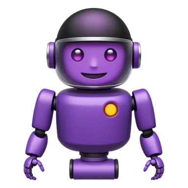 Cute deep purple robot emoji, pill-shaped body, dark visor with glowing white simple eyes and smile. Flat 2D vector art, die-cut sticker with white border, minimalist, white background. sticker