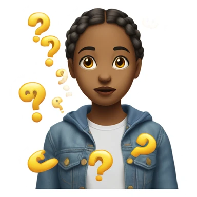 A curious young girl with a puzzled expression, hands extended outward in a questioning gesture, surrounded by floating question marks sticker
