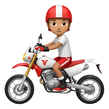 Moto de supermotard con un chico encima que va con pantalones rojos cortos y camiseta blanca sticker