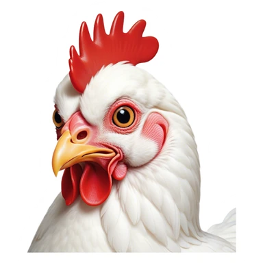 Cinematic Comical White Chicken Portrait Emoji, Head tilted dramatically with an exaggeratedly shocked or amused expression, featuring a sleek, immaculate white plumage with a prominent red comb, wide, expressive beady eyes filled with playful disbelief, Simplified yet hilariously expressive features, highly detailed, glowing with a slightly sassy glow, high shine, dramatic yet playful, stylized with an air of cheeky mischief, bright and endearing, soft glowing outline, capturing the essence of a spirited and over-the-top chicken, so meme-worthy it feels like it could cluck its way into internet fame instantly! sticker
