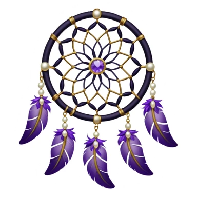 Black dreamcatcher with amethyst crystals, gold pearls, and plants, and violet and white feathers sticker