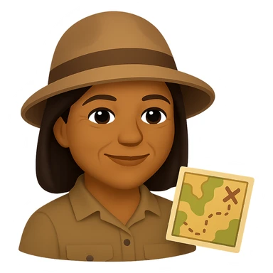 Reduce wrinkles on the face, keeping only a few light wrinkles around the eye corners and mouth to make her look about 55 years old. Maintain the emoji style look with brown skin, an archaeological hat, and a small map beside her. Keep the background transparent. The original style is emoji, but since emoji style does not support editing, use the general style editor while preserving the emoji style appearance. sticker