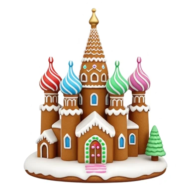 Apple style 3D emoji of a gingerbread house shaped like Saint
Basil's Cathedral. Detailed icing patterns, colorful candy domes, dusting of powdered sugar as snow. Warm cookie texture, cute 3D render, isolated on a white background, festive look. sticker