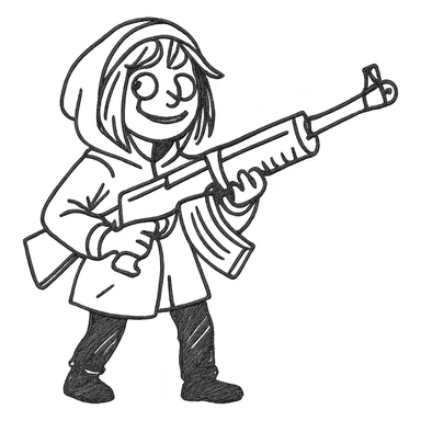 playful stalker girl with a comically large machine gun sticker