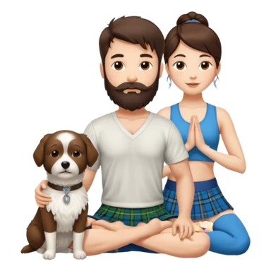 emoji of brunette man with beard wearing kilt, brunette woman in yoga outfit and white fluffy dog sticker