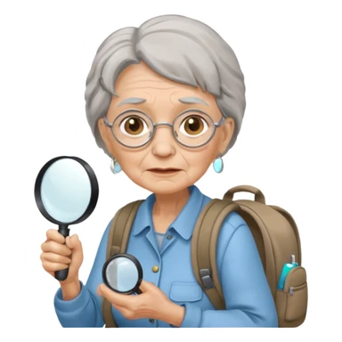 Explorer old woman backpack and magnifying glass sticker