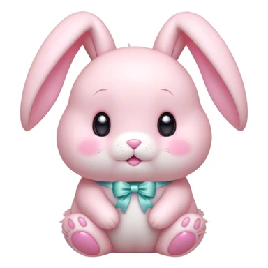 Cinematic adorable pastel pink bunny, chubby cheeks, tiny paws, sparkling round eyes, soft fur with a gentle glow, slightly tilted head, wearing a tiny bow, irresistibly cute and heartwarming. sticker